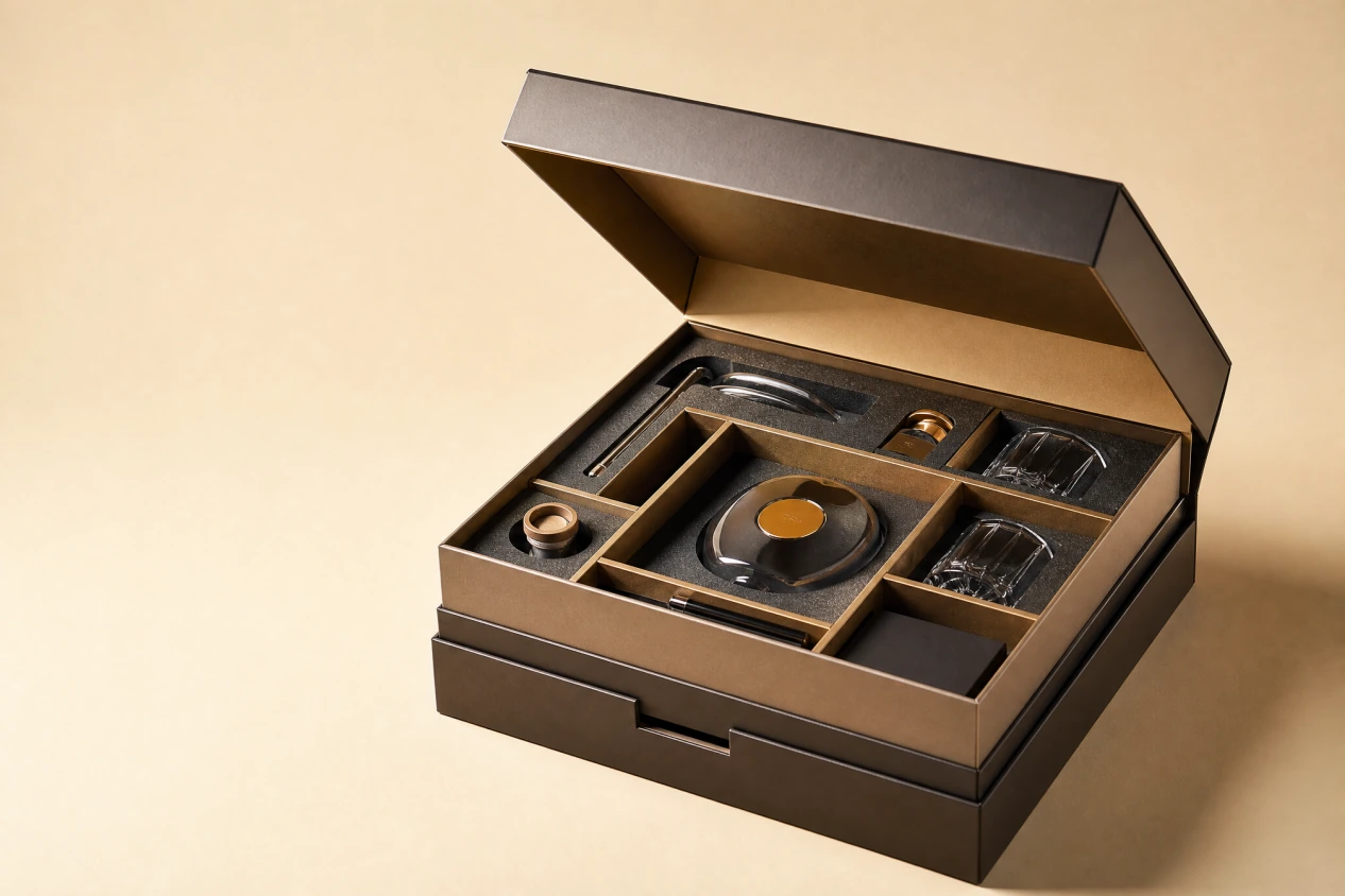 Compartmented presentation box holding several fragile products