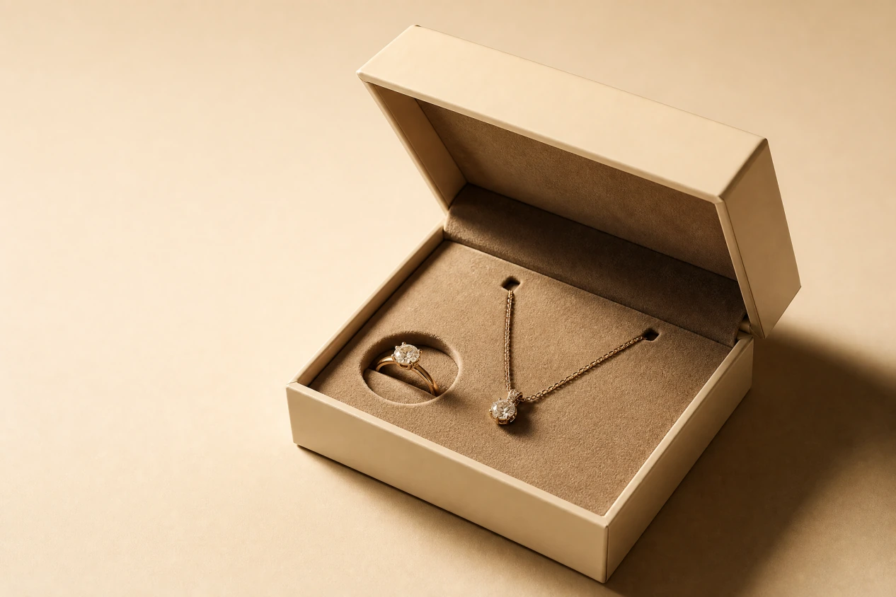 Jewelry box with fitted interior securing a necklace and ring