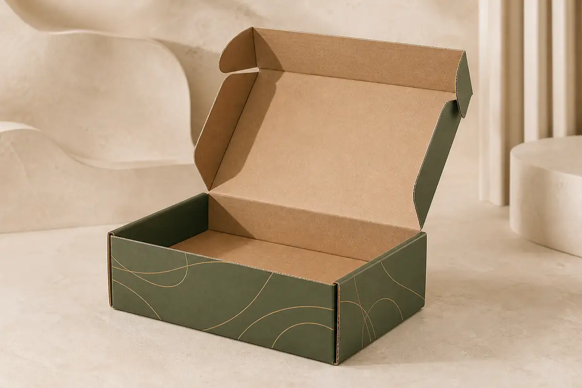 Olive custom corrugated mailer box shown open