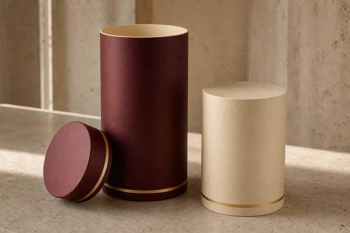 Burgundy and cream custom cylinder tube packaging