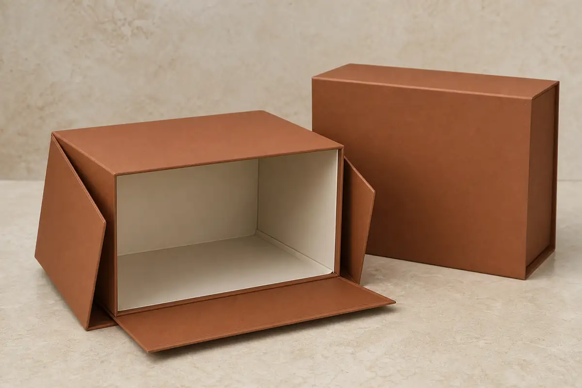 Cinnamon custom foldable magnetic gift box shown assembled and open