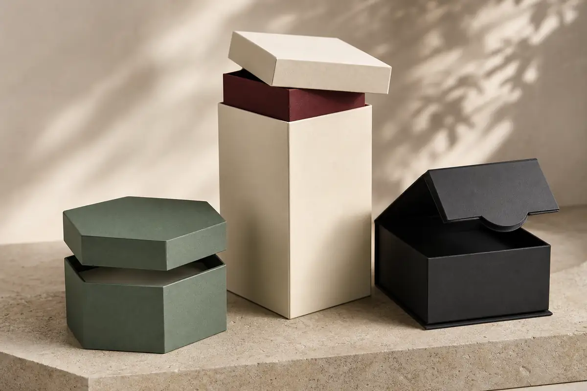 Collection of hexagonal shoulder neck and presentation boxes