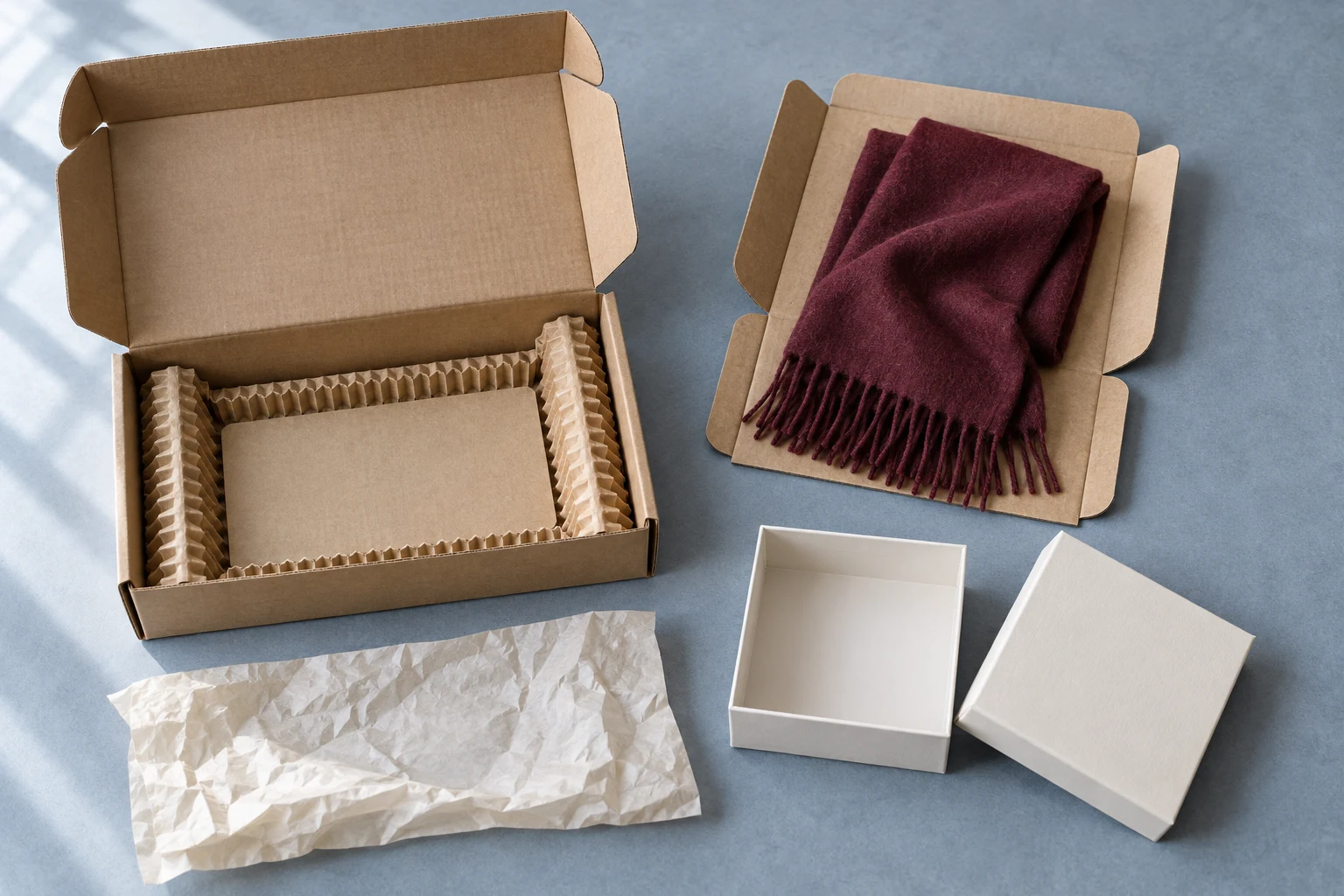 Open kraft mailer, removable scarf tray and ivory gift box components arranged for a repacking review