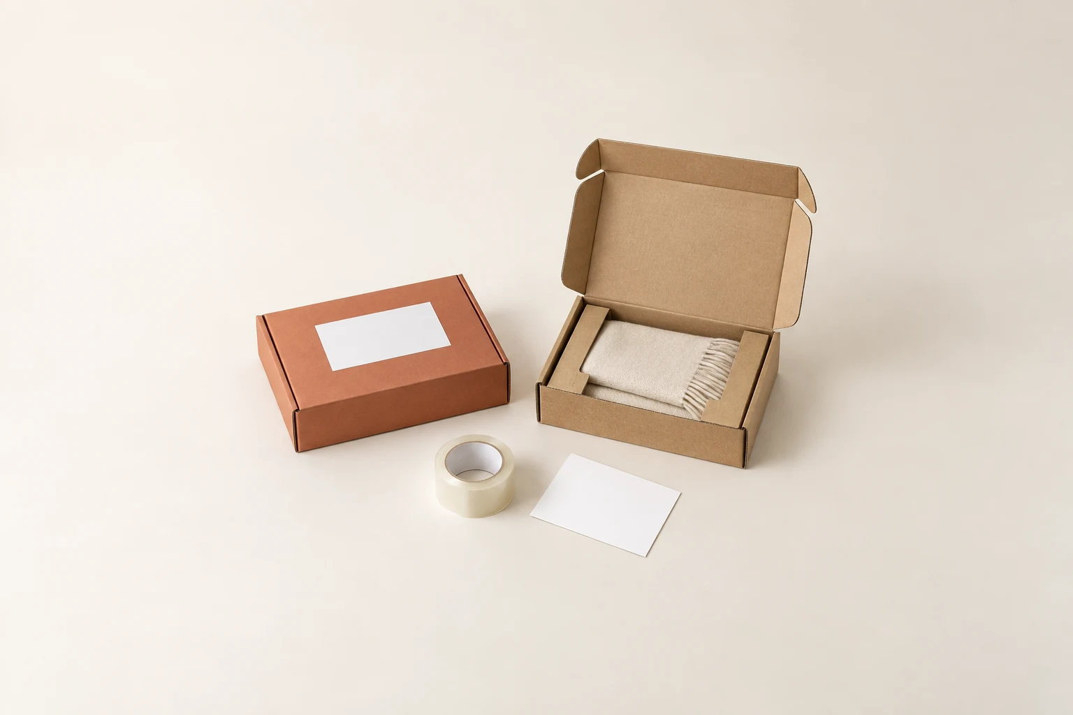 Closed terracotta mailer with a blank label zone beside an open scarf mailer and packing tape