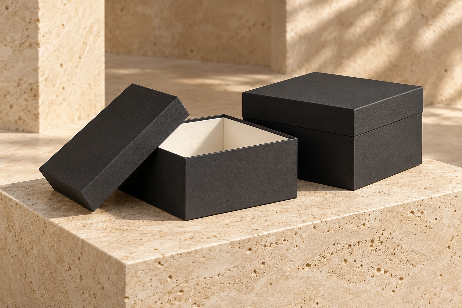 Charcoal rigid gift boxes with a contrasting ivory interior on a stone pedestal