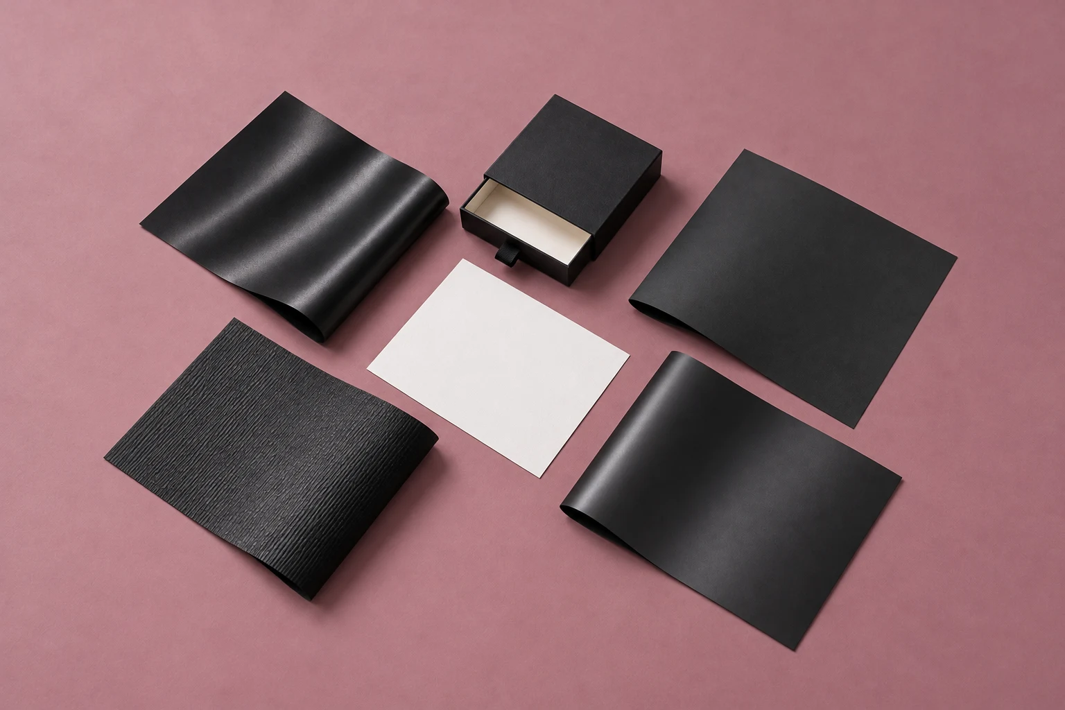 Black drawer gift box beside dark paper finish swatches and a smooth separator sheet