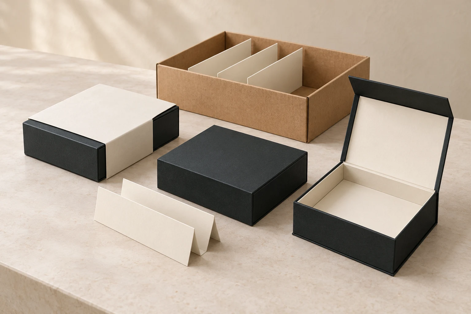 Dark magnetic gift boxes with a smooth paper sleeve and protective dividers for surface isolation