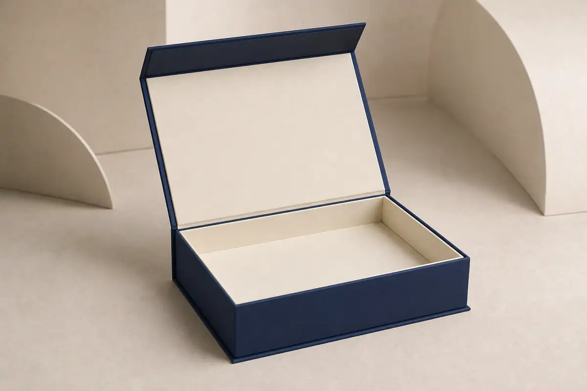 Navy book style magnetic rigid box shown open