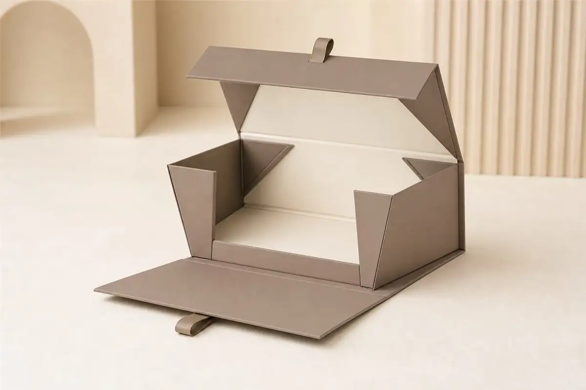 Taupe collapsible magnetic rigid box shown partly assembled