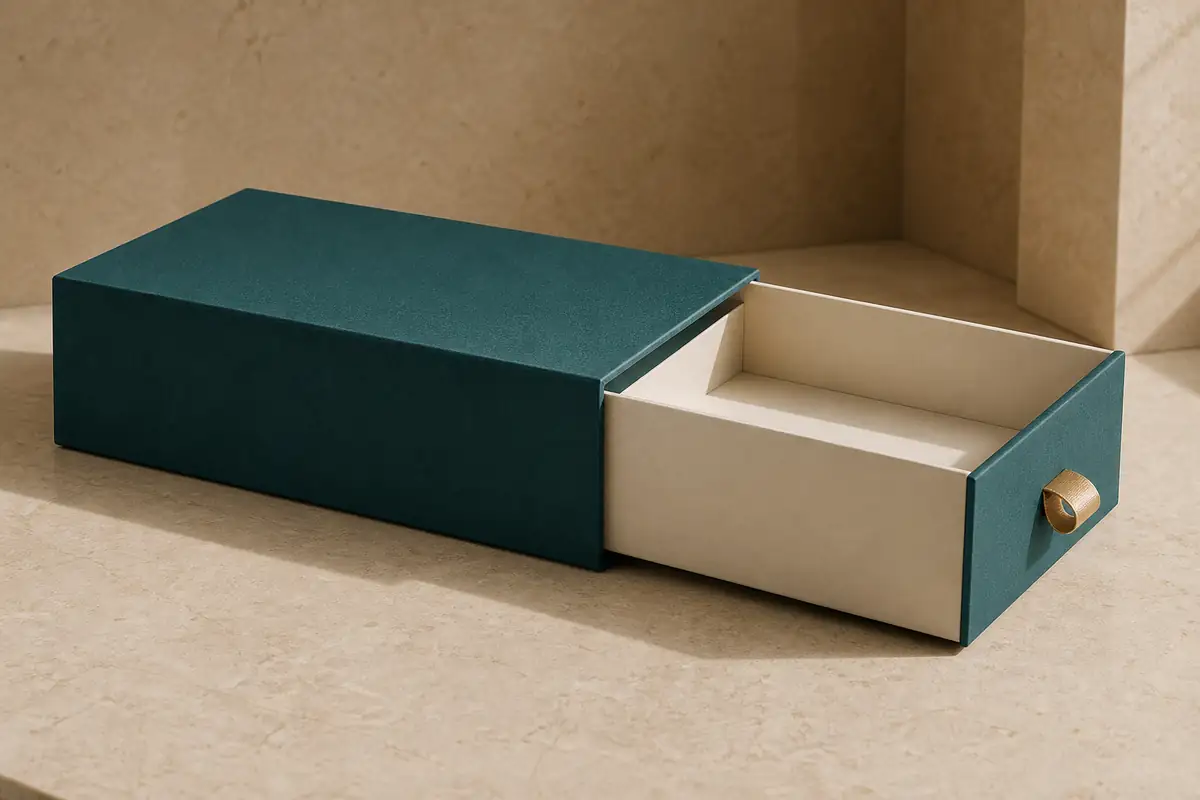 Teal magnetic drawer rigid box with ribbon pull