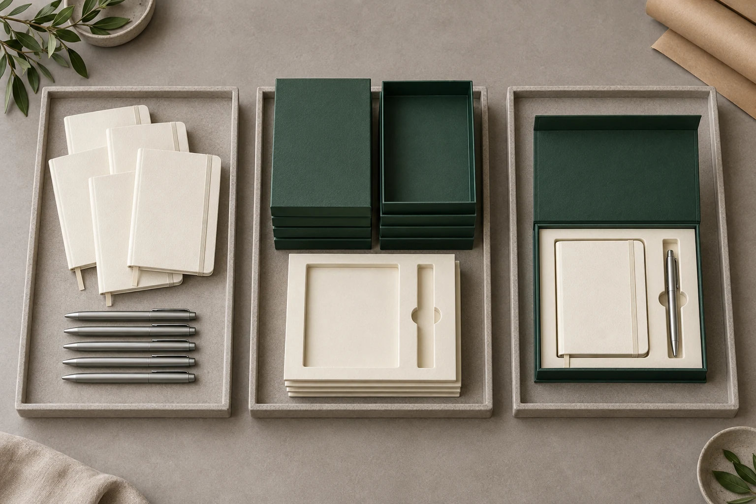 Separate notebook and pen components, empty gift boxes and a completed gift pack staged on a packing bench