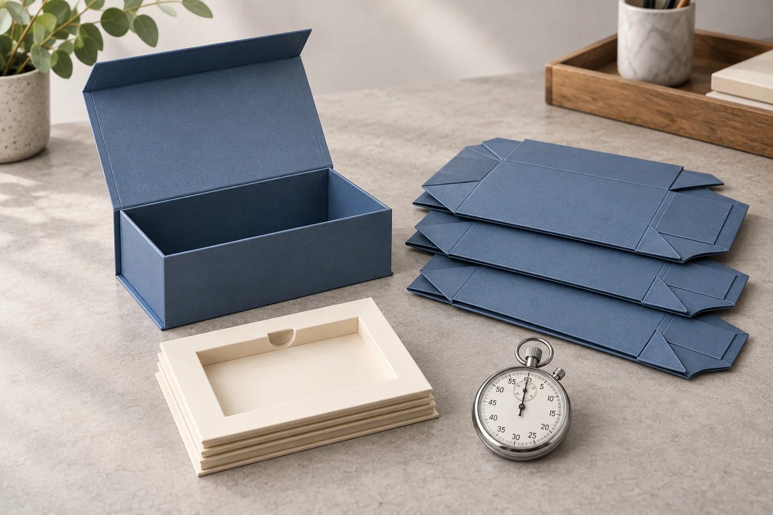 Erected foldable rigid gift box beside matching flat boxes and separate inserts for assembly planning