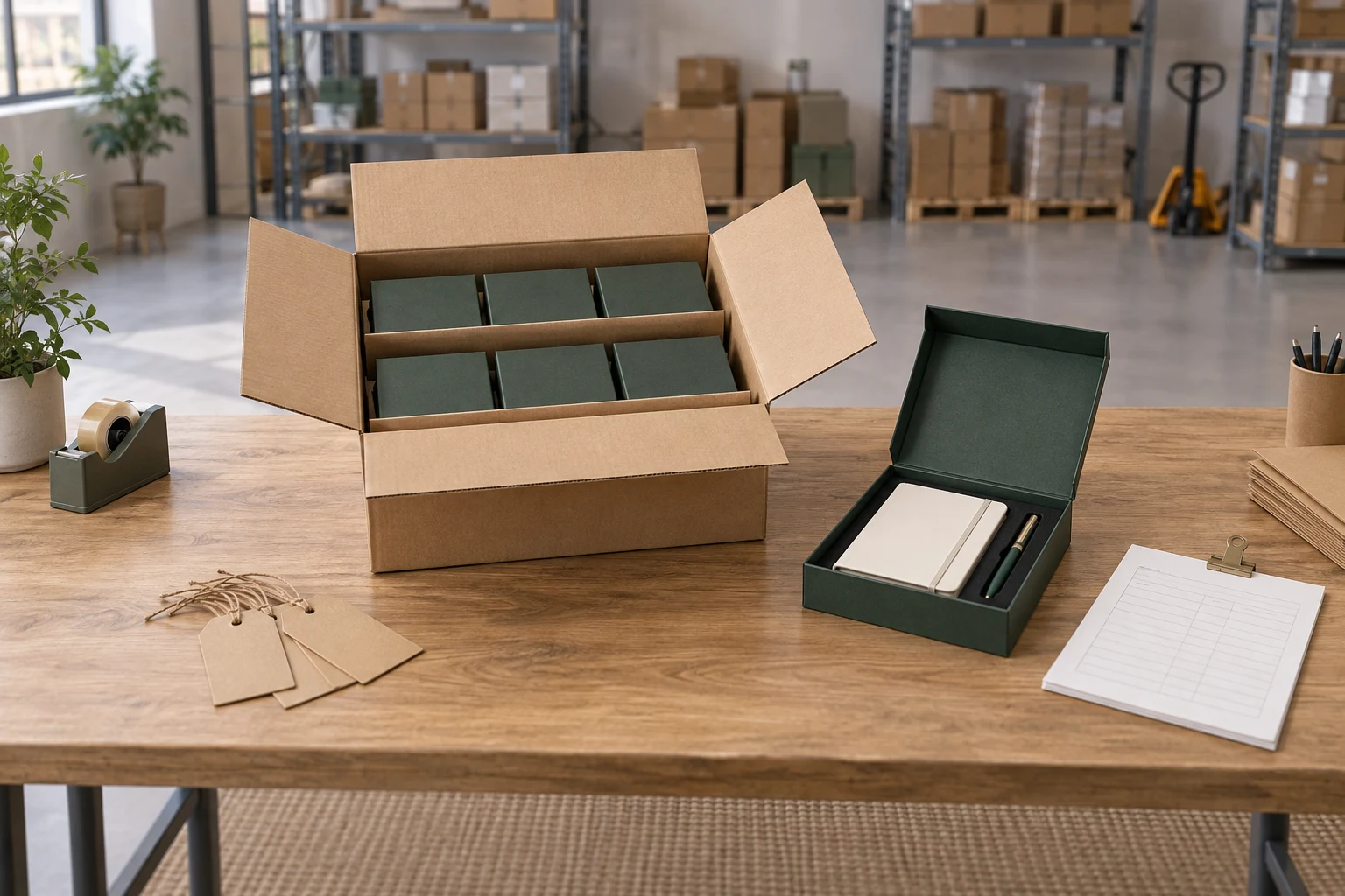 Finished green gift boxes in a master carton beside an open notebook-and-pen gift pack