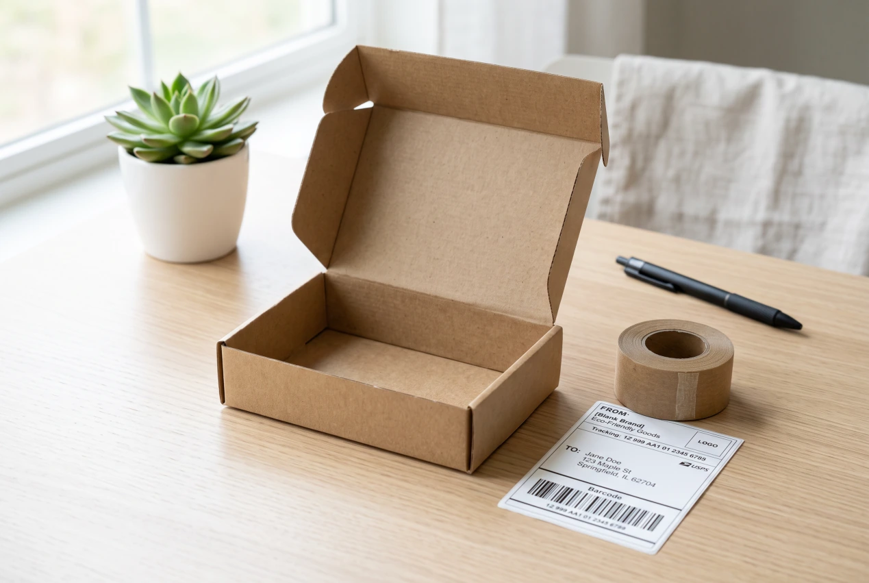 Open natural kraft ecommerce box on a packing table