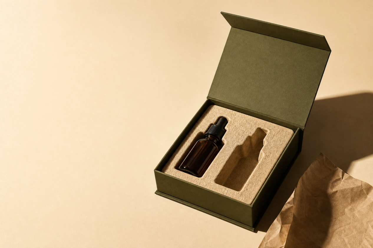 Green rigid box with a molded fiber insert holding a skincare bottle