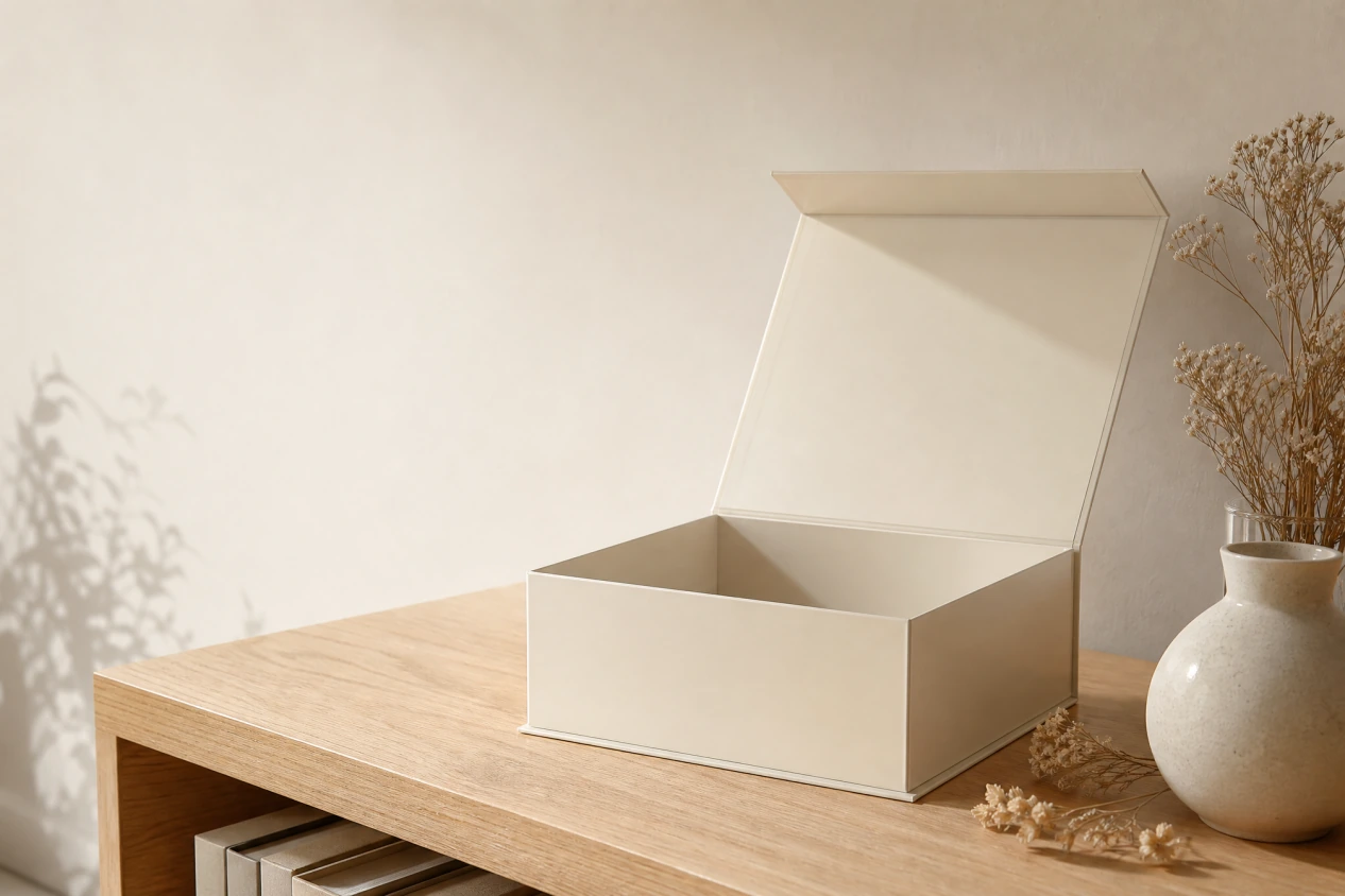 Reusable white magnetic rigid storage box in a calm interior