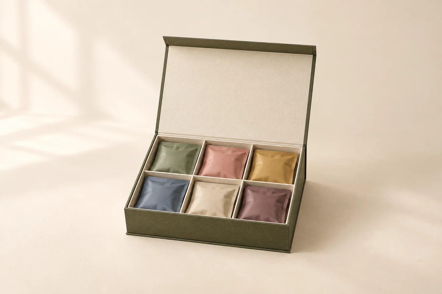 Olive magnetic tea sampler gift box with six compartments holding sealed tea pouches