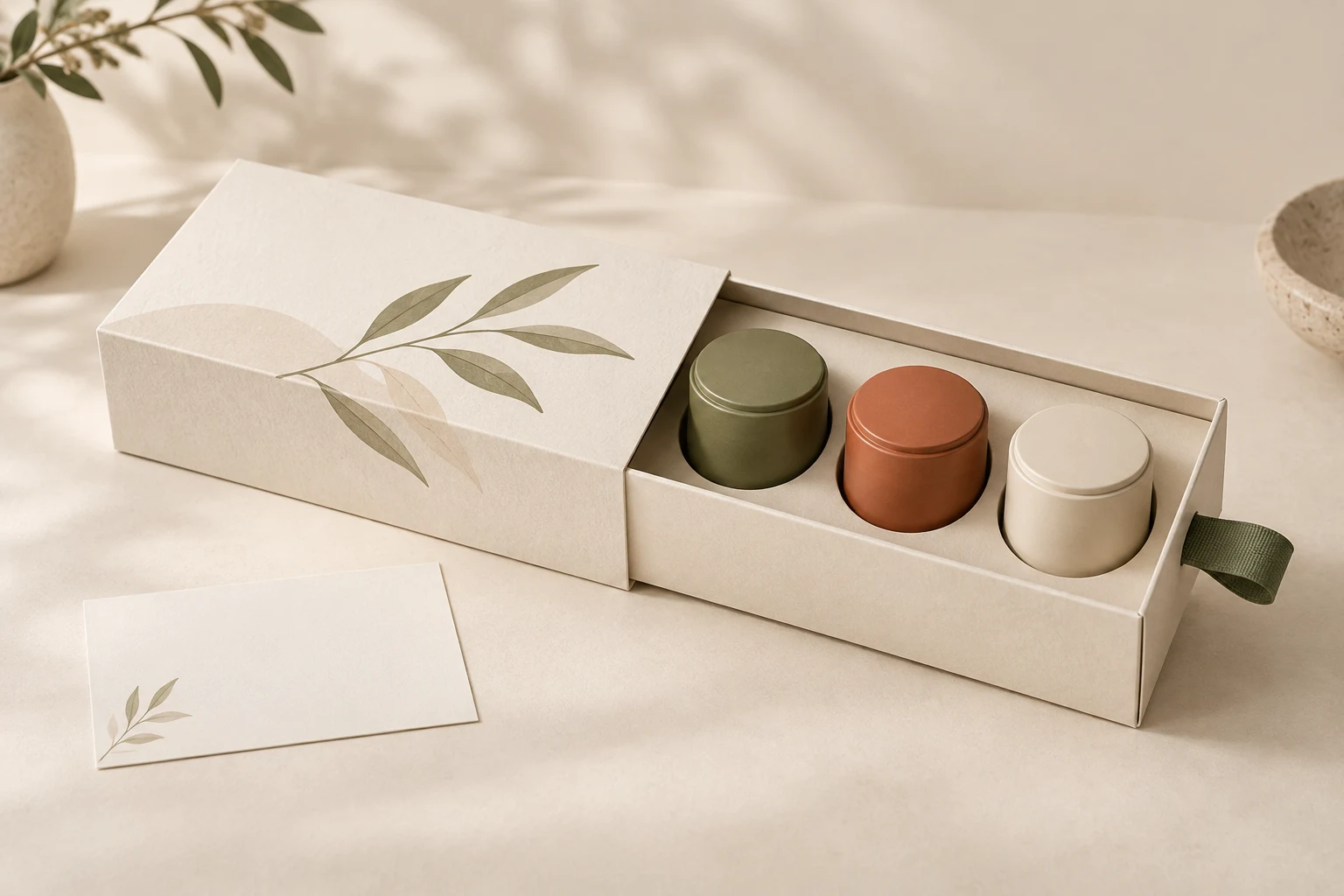 Ivory tea sampler drawer box with three closed tins in fitted recesses