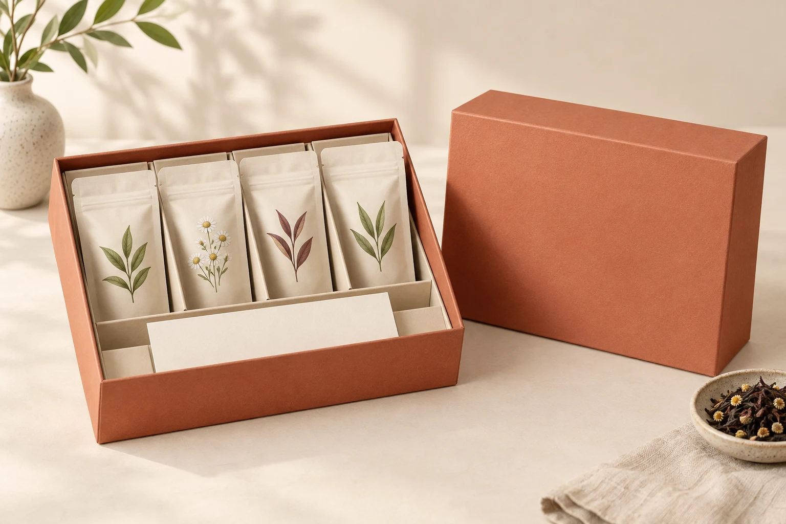 Terracotta lid-and-base tea gift box with sealed pouches and a separate tasting-card slot