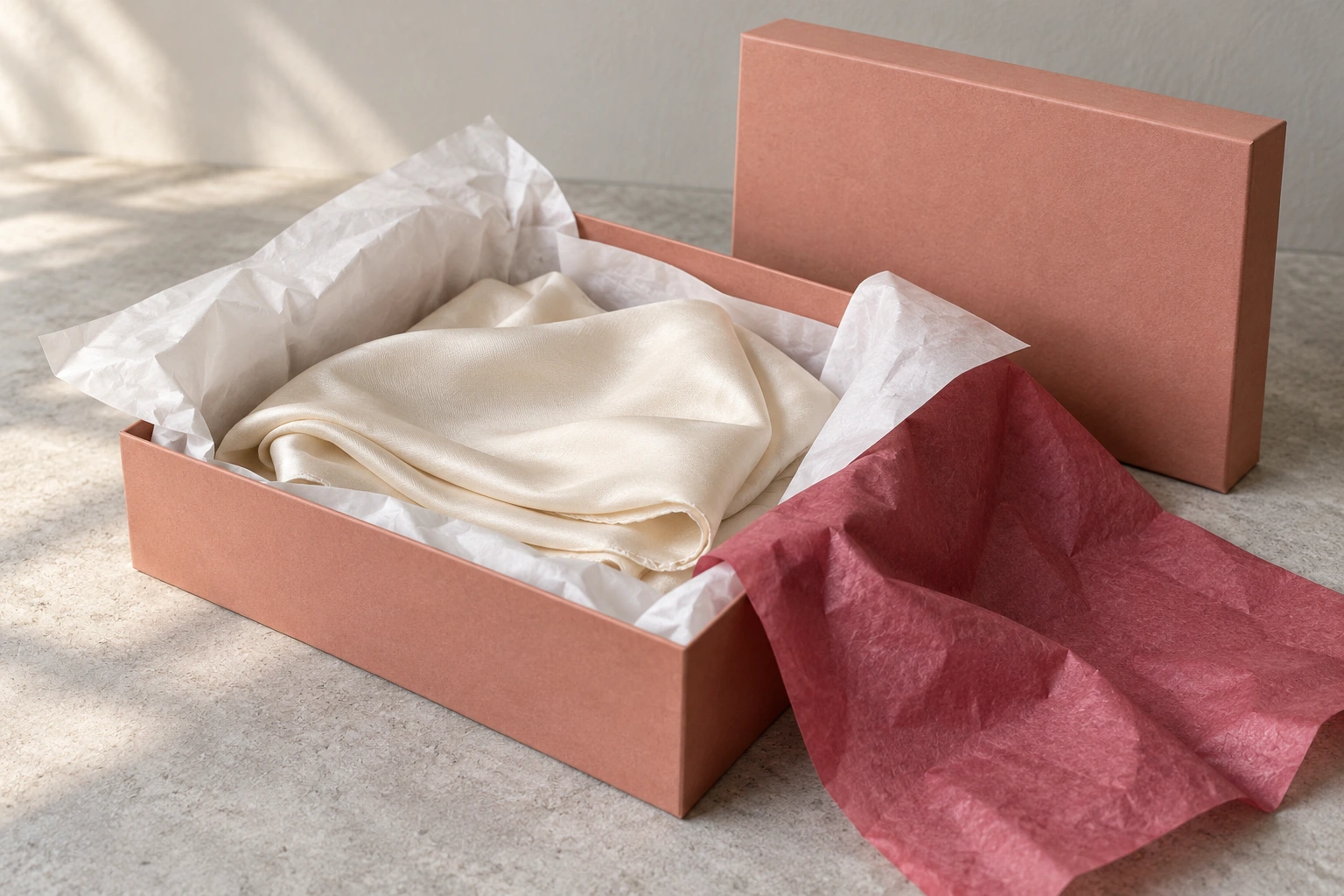 Coral lid-and-base gift-box concept with a pale scarf in white tissue and a separate raspberry decorative sheet