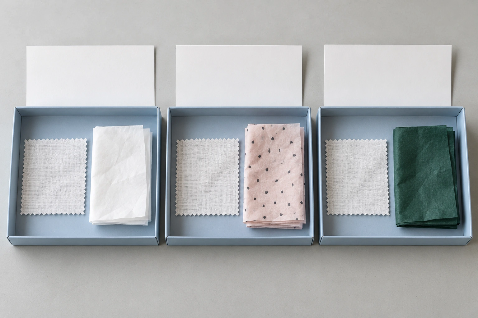 Three sample-tray concepts with white textile swatches and different tissue candidates for a proposed comparison