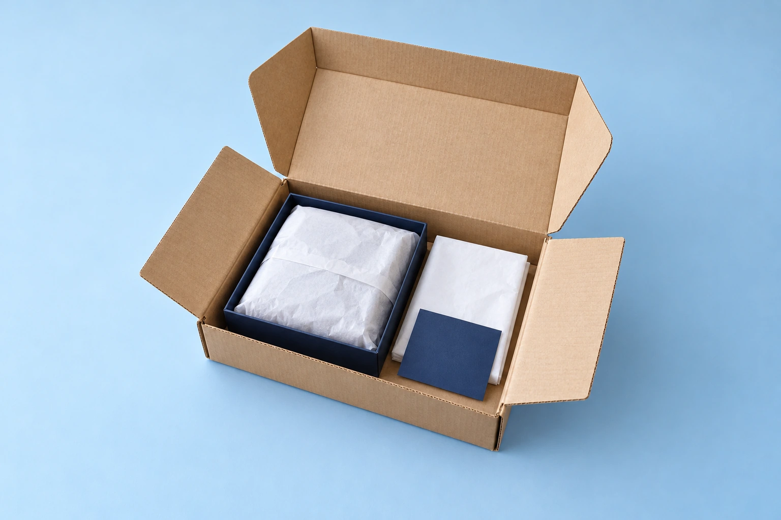 Sand-colored mailer packaging concept with a navy gift box and white tissue-wrapped accessory